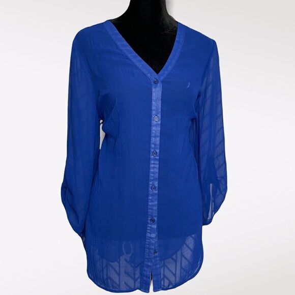 Kim Rogers Blue Lightweight Blouse Size Medium 3/4 Sleeve Button Front Shirt Top - Picture 1 of 7